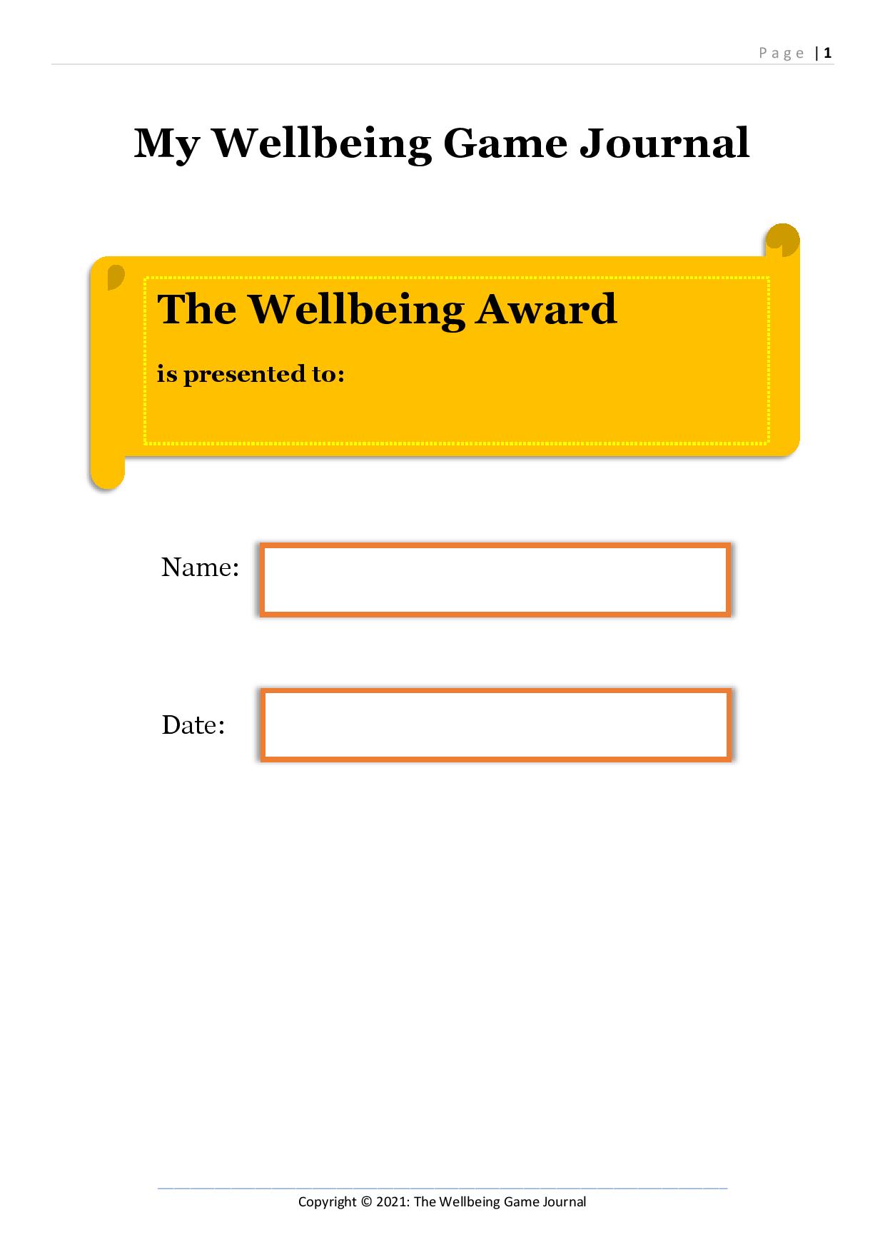 Page from My Wellbeing Game Journal featuring the Wellbeing Award