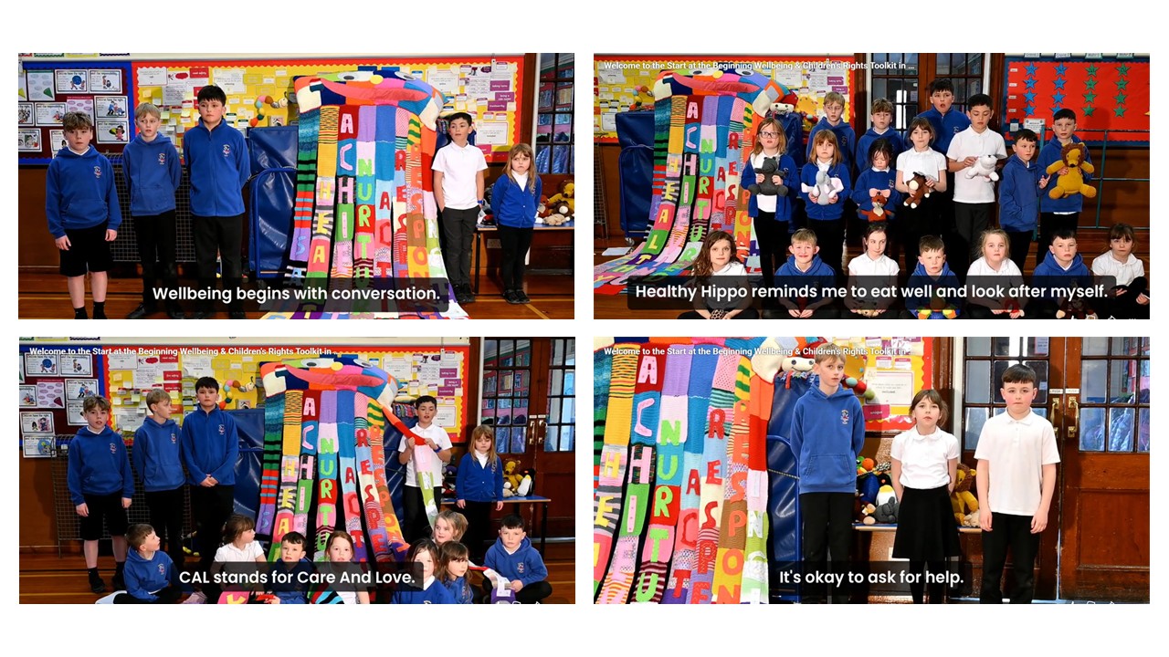 Primary school children sharing knitted animal characters in a school hall