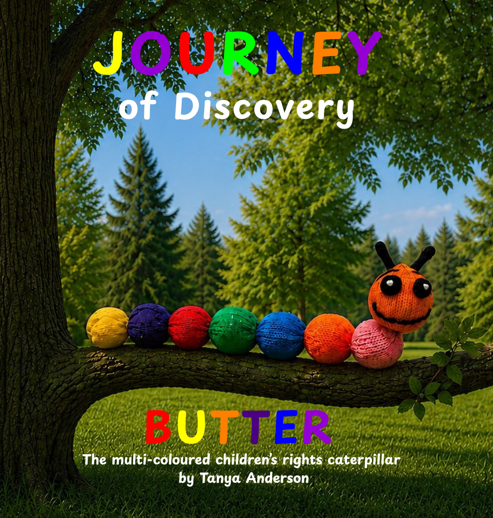 Front cover of BUTTER & Friends β Journey of Discovery featuring the rainbow-coloured knitted caterpillar on a woodland branch